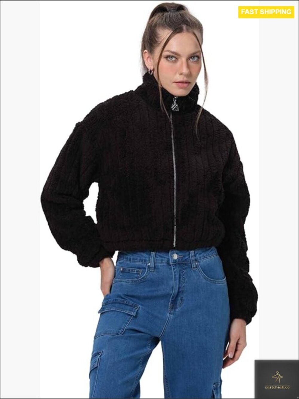 Cropped Sherpa Fleece Jacket Chunky Teddy Zip Up Faux Fur Winter Coat